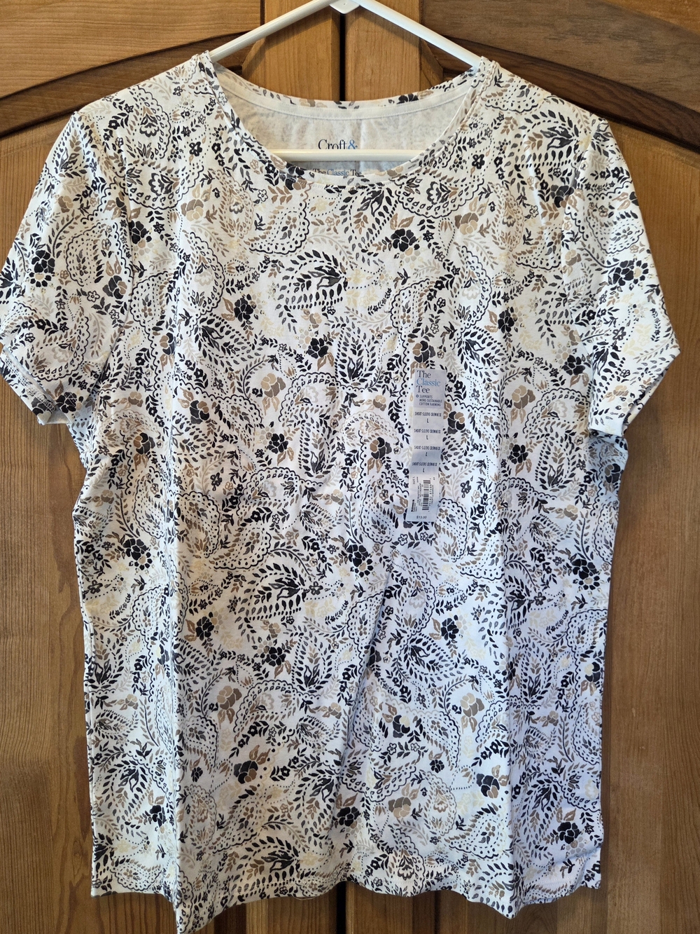 Croft & Barrow Classic Tee Short Sleeve Crewneck White & Brown Cotton Large NWT